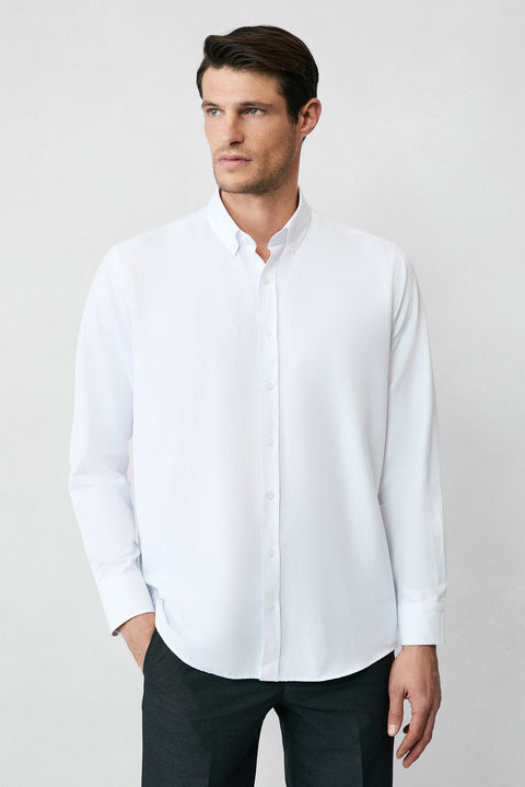 White Long Sleeve Regular Fit Button-Down Collar Cotton Easy-Iron Oxford Four Seasons Shirt