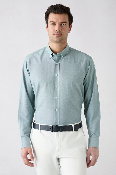 Mint Green Long Sleeve Regular Fit Button-Down Collar Cotton Easy-Iron Oxford Four Seasons Shirt