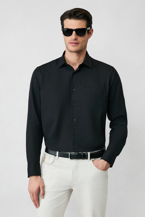 Black Long Sleeve Regular Fit Classic Collar Cotton Easy Iron Pocketed Oxford Four Season Shirt