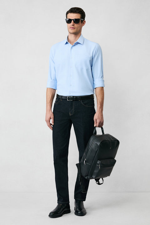 Light Blue Long Sleeve Regular Fit Classic Collar Cotton Easy Iron Pocketed Oxford 4 Seasons Shirt