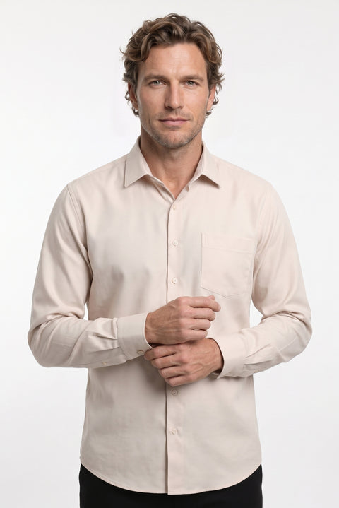 Medium Beige Long Sleeve Regular Fit Classic Collar Cotton Easy Iron Pocketed Oxford 4 Seasons Shirt
