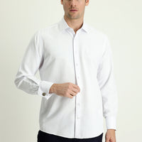 White Long-Sleeve Classic Patterned Cuffed Cotton Shirt