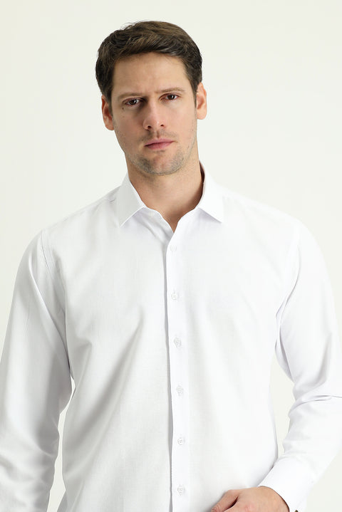 White Long-Sleeve Classic Patterned Cuffed Cotton Shirt