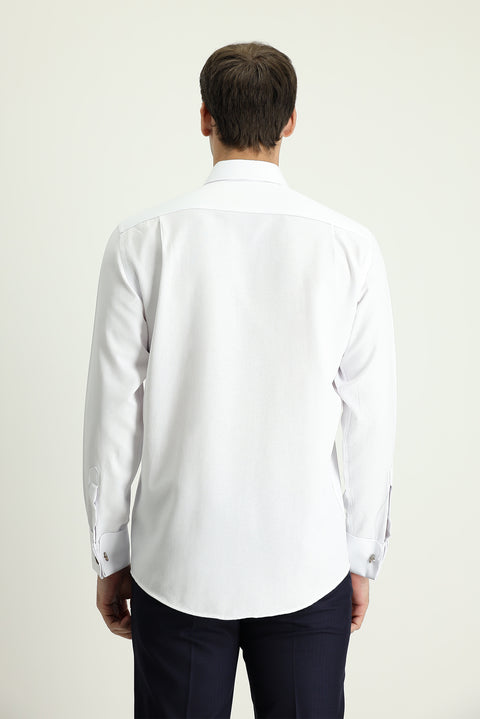 White Long-Sleeve Classic Patterned Cuffed Cotton Shirt