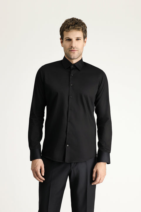 Siyah Uzun Kol Slim Fit Dar Kesim Klasik Nano Care Su İtici Leke Tutmaz 4 Mevsim Pamuk Gömlek