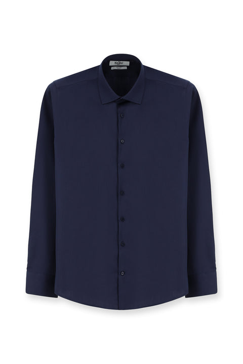 Dark Navy Long Sleeve Slim Fit Classic Nano Care Water Repellent Stain Resistant 4 Seasons Cotton Shirt