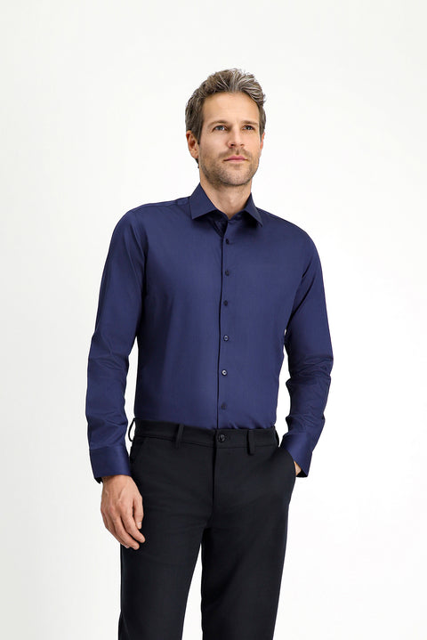 Dark Navy Long Sleeve Slim Fit Classic Nano Care Water Repellent Stain Resistant 4 Seasons Cotton Shirt