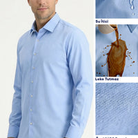 Light Blue Long Sleeve Slim Fit Classic Nano Care Water Repellent Stain Resistant 4 Seasons Cotton Shirt
