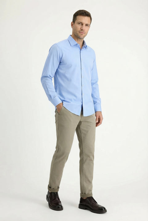 Light Blue Long Sleeve Slim Fit Classic Nano Care Water Repellent Stain Resistant 4 Seasons Cotton Shirt