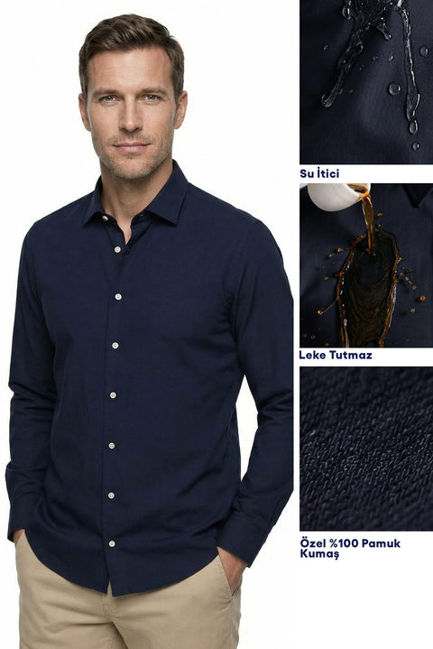 Dark Navy Long Sleeve Slim Fit Classic Nano Care Water Repellent Stain Resistant 4 Seasons Cotton Shirt