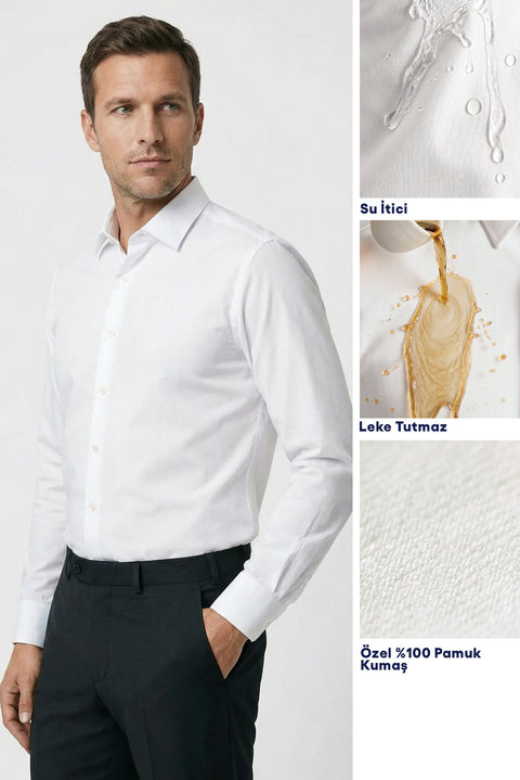 White Long Sleeve Slim Fit Classic Nano Care Water Repellent Stain Resistant 4 Seasons Cotton Shirt