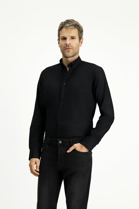 Siyah Uzun Kol Slim Fit Dar Kesim Pamuk 4 Mevsim Oxford Gömlek