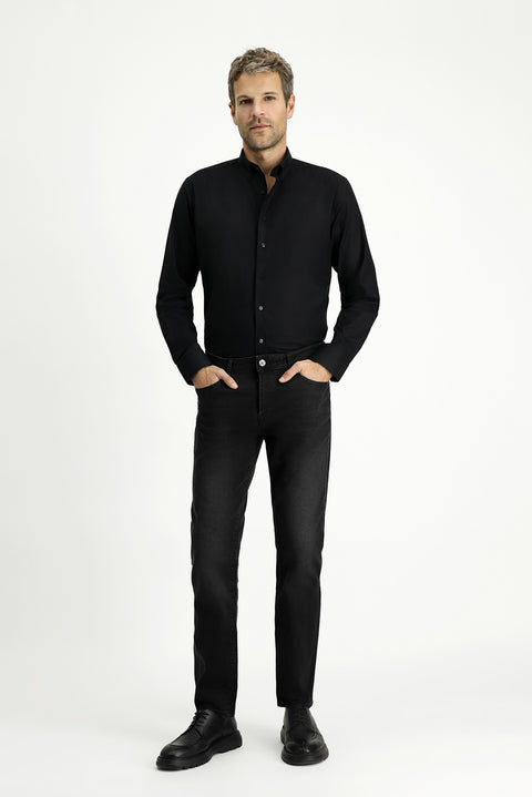 Siyah Uzun Kol Slim Fit Dar Kesim Pamuk 4 Mevsim Oxford Gömlek