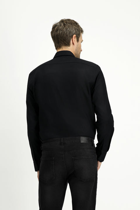 Siyah Uzun Kol Slim Fit Dar Kesim Pamuk 4 Mevsim Oxford Gömlek