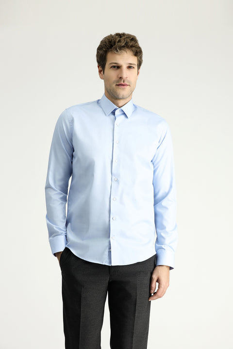 Light Blue Long Sleeve Slim Fit Classic Non-Iron Satin Cotton Shirt