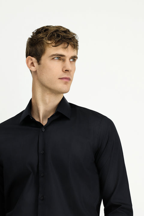 Siyah Uzun Kol Slim Fit Dar Kesim Non Iron Klasik Pamuklu Gömlek