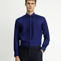 Dark Navy Long-Sleeve Classic Pleated Linen Shirt
