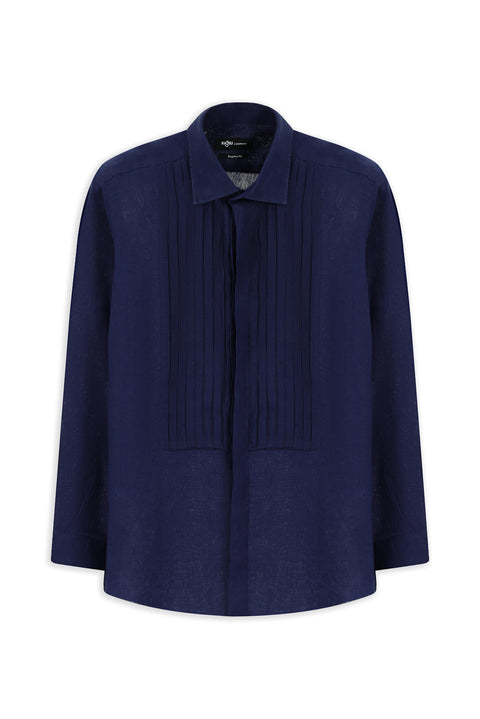 Dark Navy Long-Sleeve Classic Pleated Linen Shirt