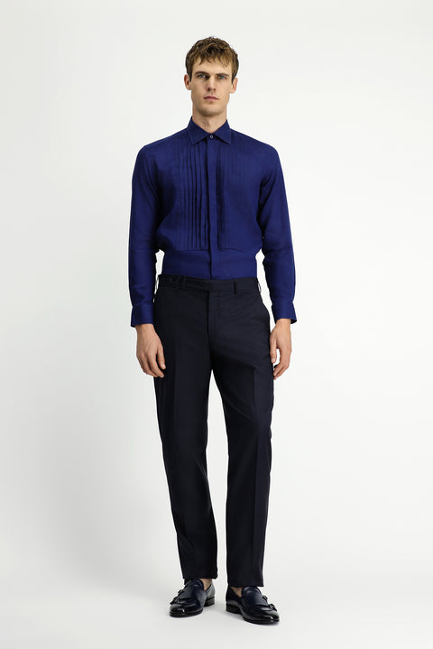 Dark Navy Long-Sleeve Classic Pleated Linen Shirt