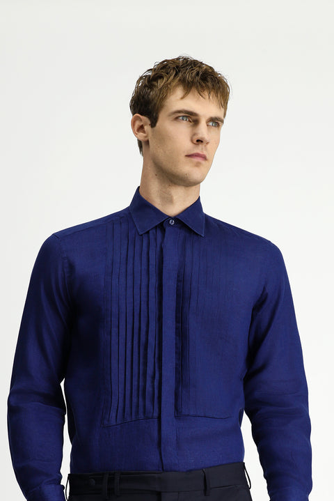 Dark Navy Long-Sleeve Classic Pleated Linen Shirt