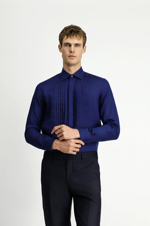 Dark Navy Long-Sleeve Classic Pleated Linen Shirt