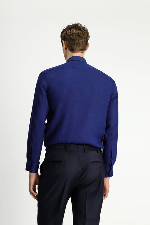 Dark Navy Long-Sleeve Classic Pleated Linen Shirt