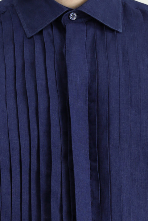 Dark Navy Long-Sleeve Classic Pleated Linen Shirt