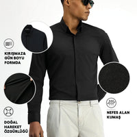 Siyah Techno-Line Uzun Kol Slim Fit Dar Kesim Likralı Gömlek