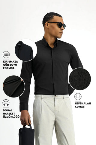 Siyah Techno-Line Uzun Kol Slim Fit Dar Kesim Likralı Gömlek