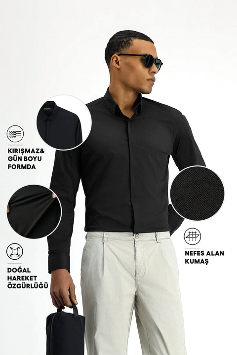 Siyah Techno-Line Uzun Kol Slim Fit Dar Kesim Likralı Gömlek