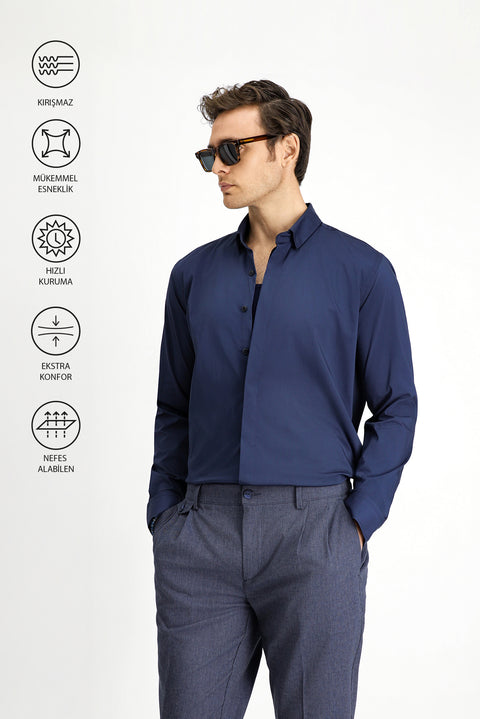 Dark Navy Techno-Line Long Sleeve Slim Fit Lycra Shirt