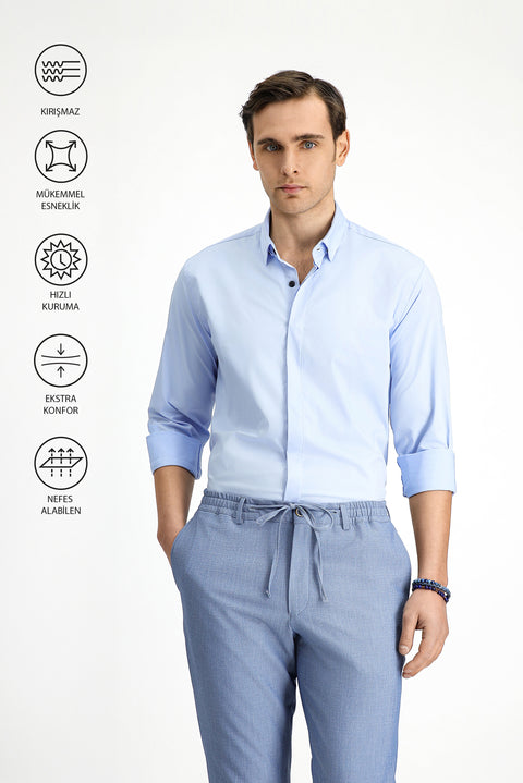 Light Blue Techno-Line Long Sleeve Slim Fit Lycra Shirt