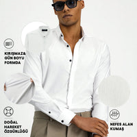Beyaz Techno-Line Uzun Kol Slim Fit Dar Kesim Likralı Gömlek