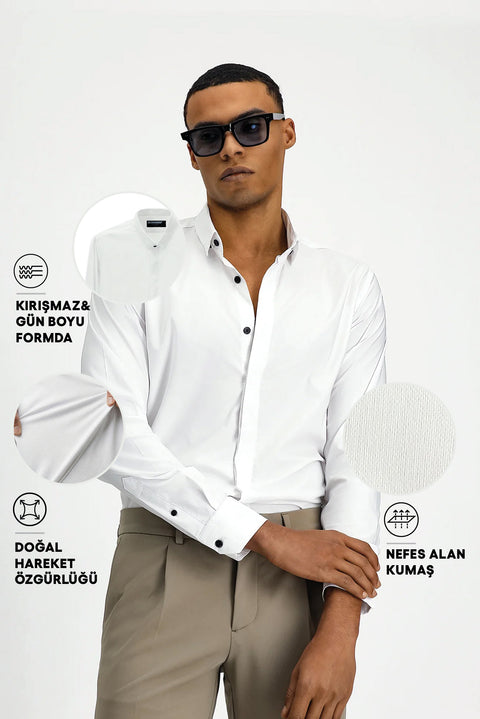 Beyaz Techno-Line Uzun Kol Slim Fit Dar Kesim Likralı Gömlek