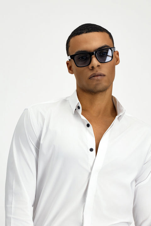 Beyaz Techno-Line Uzun Kol Slim Fit Dar Kesim Likralı Gömlek