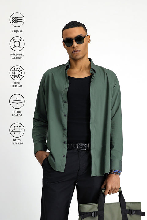 Medium Khaki Techno-Line Long Sleeve Slim Fit Narrow Cut Lycra Shirt