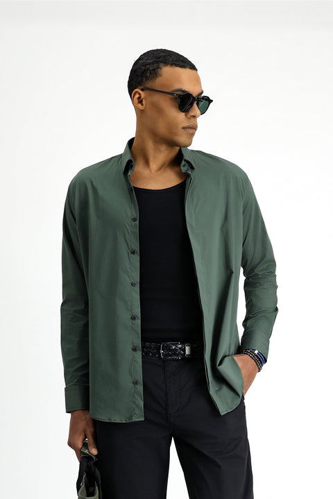 Medium Khaki Techno-Line Long Sleeve Slim Fit Narrow Cut Lycra Shirt