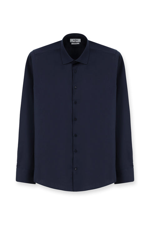 Dark Navy Long Sleeve Slim Fit Classic Nano Care Water Repellent Stain Resistant 4 Seasons Cotton Shirt