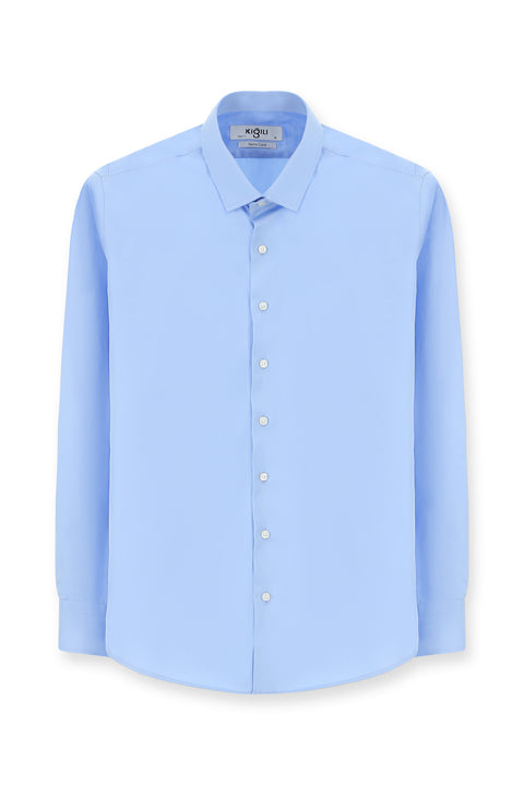 Light Blue Long Sleeve Slim Fit Classic Nano Care Water Repellent Stain Resistant 4 Seasons Cotton Shirt