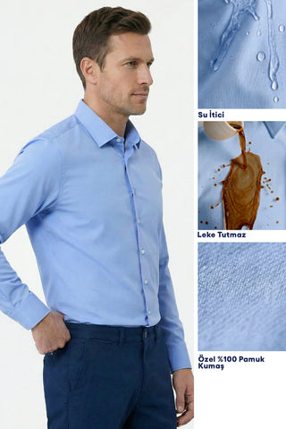  Koyu Mavi  Uzun Kol Slim Fit Dar Kesim Klasik Nano Care Su İtici Leke Tutmaz 4 Mevsim Pamuk Gömlek