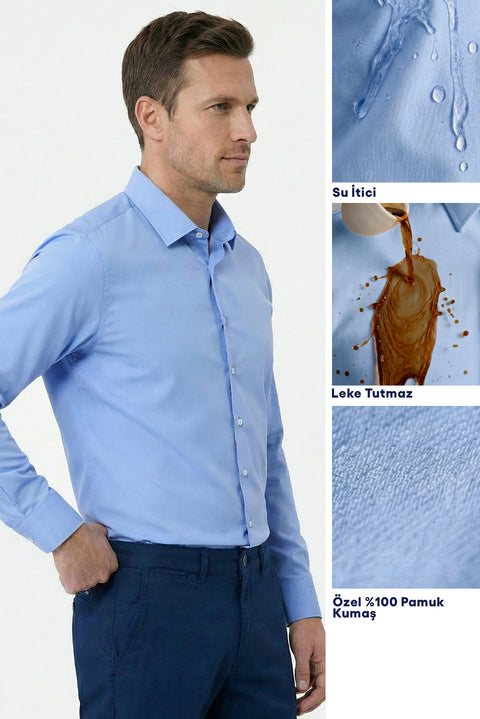 Dark Blue Long Sleeve Slim Fit Classic Nano Care Water Repellent Stain Resistant 4 Seasons Cotton Shirt