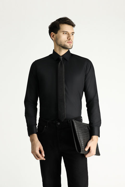 Black Long Sleeve Slim Fit Non-Iron Cotton Sateen Classic Shirt