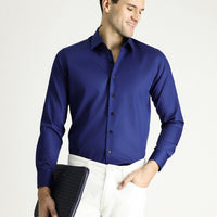 Mid-Navy Long Sleeve Slim Fit Cotton Non-Iron Sateen Classic Shirt