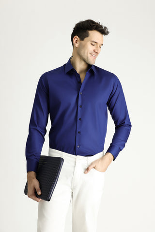  Orta Lacivert Uzun Kol Slim Fit Dar Kesim Pamuklu Non Iron Ütü Gerektirmeyen Saten Klasik Gömlek