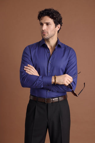  Orta Lacivert Uzun Kol Slim Fit Dar Kesim Pamuklu Non Iron Ütü Gerektirmeyen Saten Klasik Gömlek