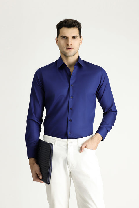 Mid-Navy Long Sleeve Slim Fit Cotton Non-Iron Sateen Classic Shirt
