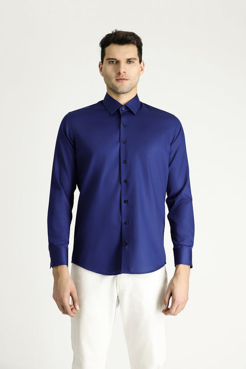 Mid-Navy Long Sleeve Slim Fit Cotton Non-Iron Sateen Classic Shirt
