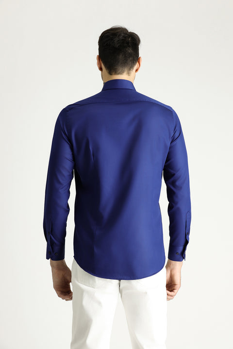 Mid-Navy Long Sleeve Slim Fit Cotton Non-Iron Sateen Classic Shirt