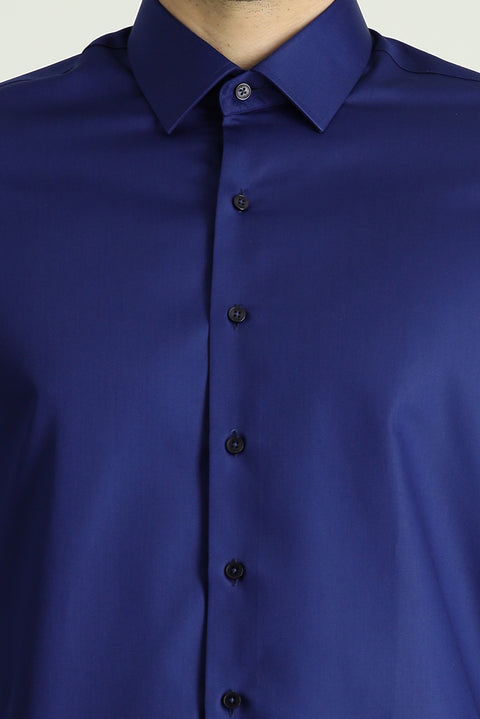 Mid-Navy Long Sleeve Slim Fit Cotton Non-Iron Sateen Classic Shirt