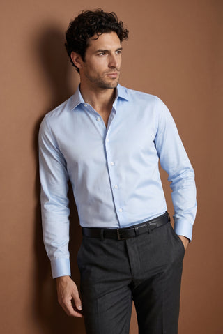  Uçuk Mavi Uzun Kol Slim Fit Dar Kesim Pamuklu Non Iron Ütü Gerektirmeyen Saten Klasik Gömlek
